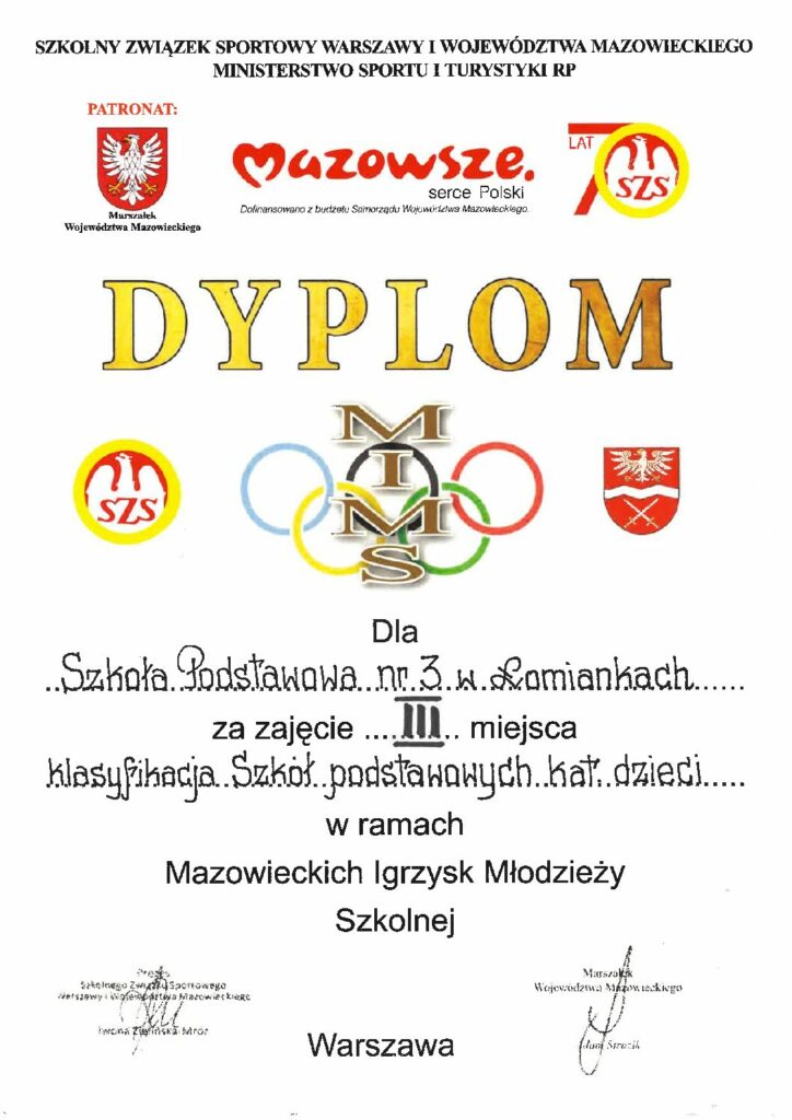 III miejsce w klasyfikacji końcowej XXVII Mazowieckich Igrzysk Młodzieży Szkolnej w kategorii dzieci