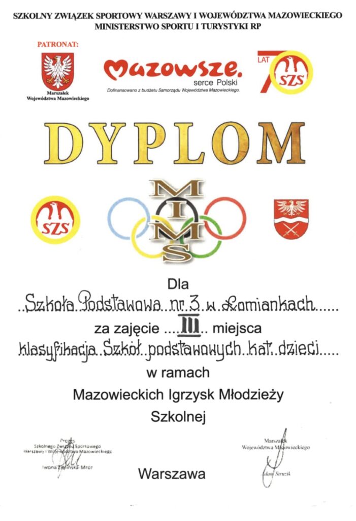 III miejsce w klasyfikacji końcowej XXVII Mazowieckich Igrzysk Młodzieży Szkolnej w kategorii dzieci