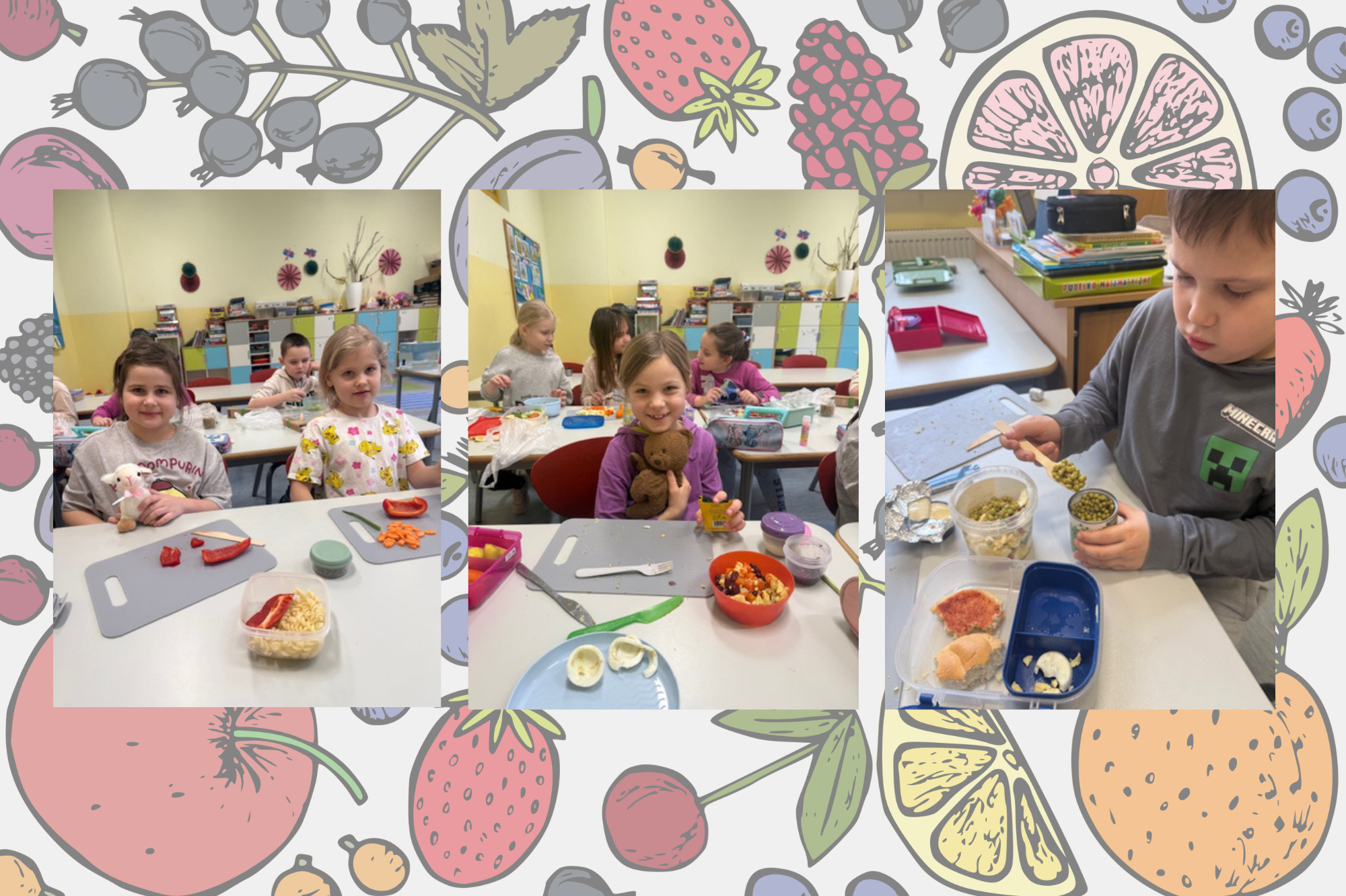 Klasy pierwsze raz w tygodniu kroją, mieszają i doprawiają do smaku kolorowe sałatki oraz przygotowują zdrowe kanapki, które później ze smakiem zjadają. A to wszystko w ramach realizacji innowacji pedagogicznej „Zdrowo rośniemy – warzywa chrupiemy”.